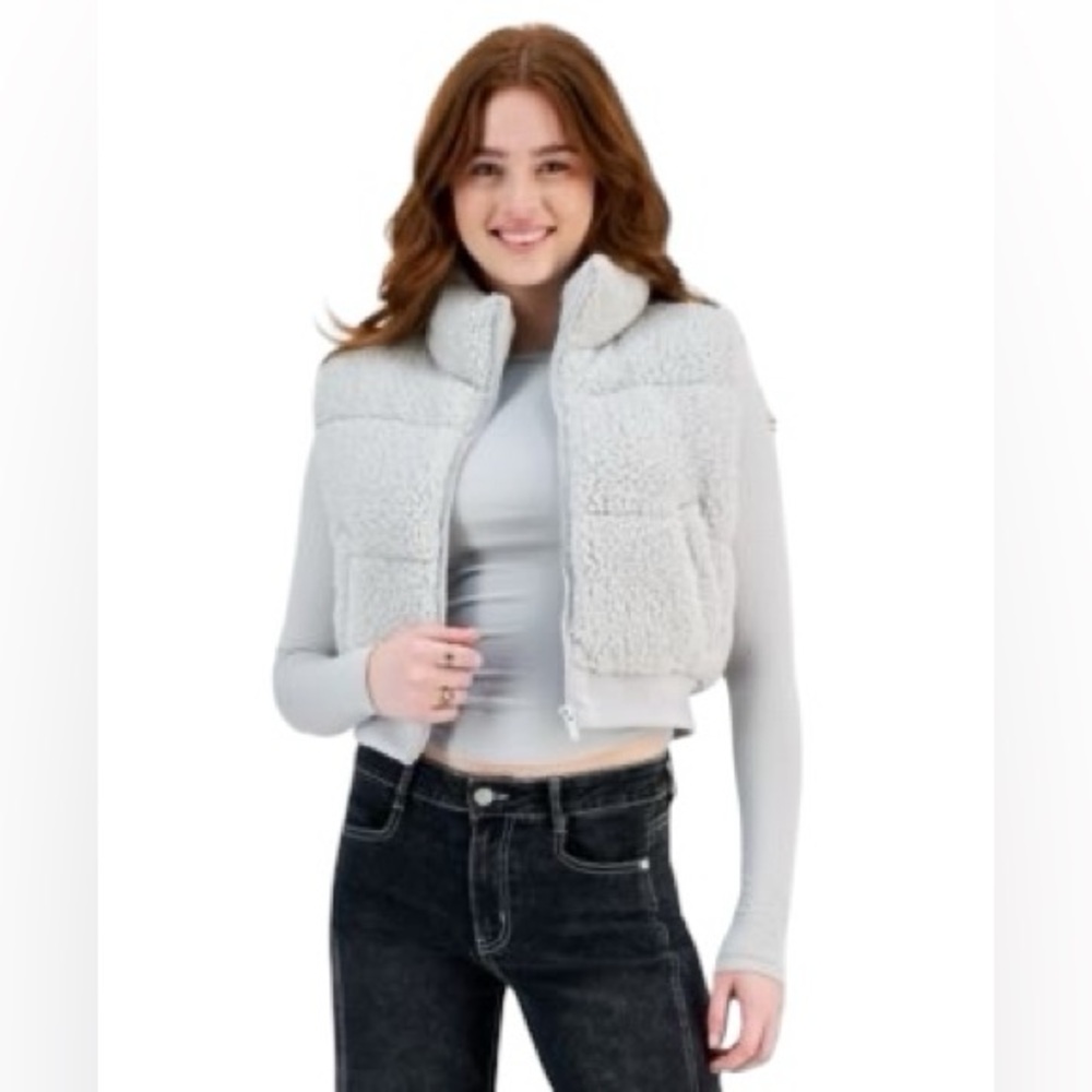 Planet Heart Juniors Gray Cropped Sherpa Puffer Vest Funnel Neck L